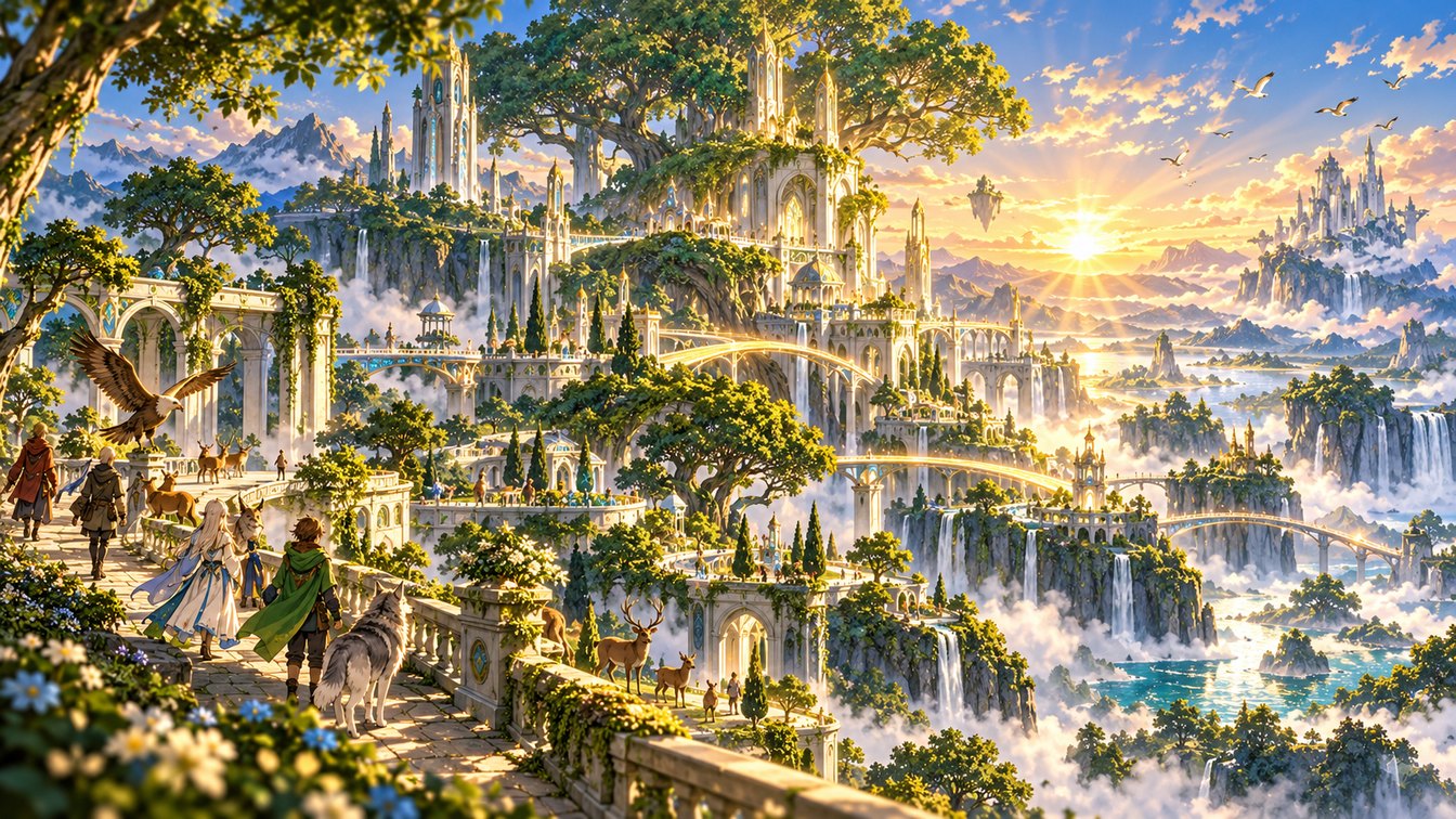 Una ciudad luminosa integrada entre árboles, cascadas, montañas y animales en Aethera