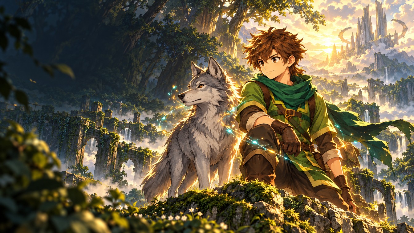 Aren y un lobo unidos por una energía luminosa ante las ruinas de Aethera